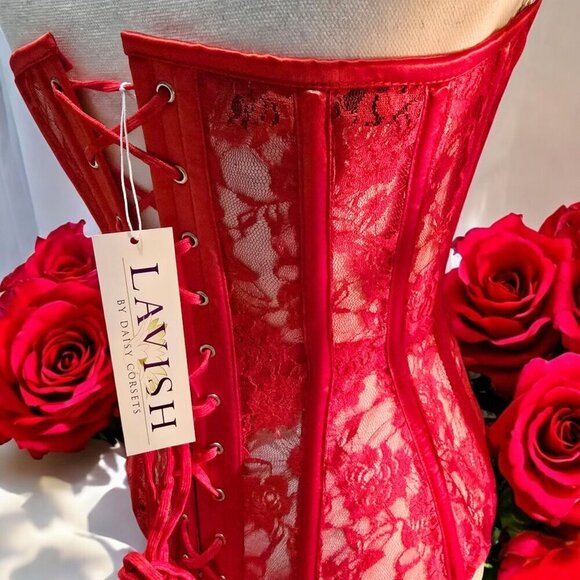 Dolls Kill x Lavish Red Lace Corset – Boned Strapless Top w/ Lace-Up Back | M - Picture 9 of 10